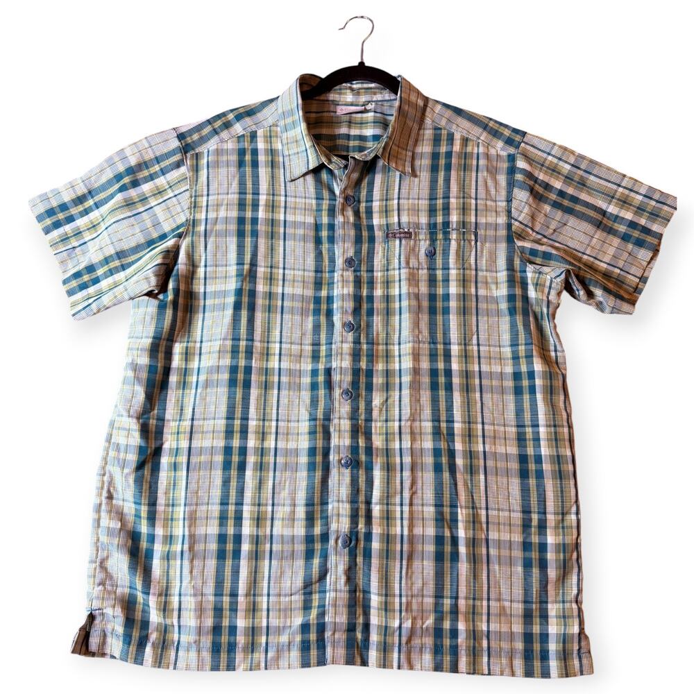 Columbia Lakeside Trail Men’s Large Teal Plaid Short Sleeve Shirt Outdoor Casual